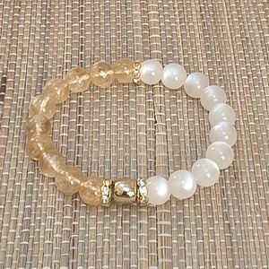 Handmade Citrine Gemstone and White Moon Glow Beaded Bracelet